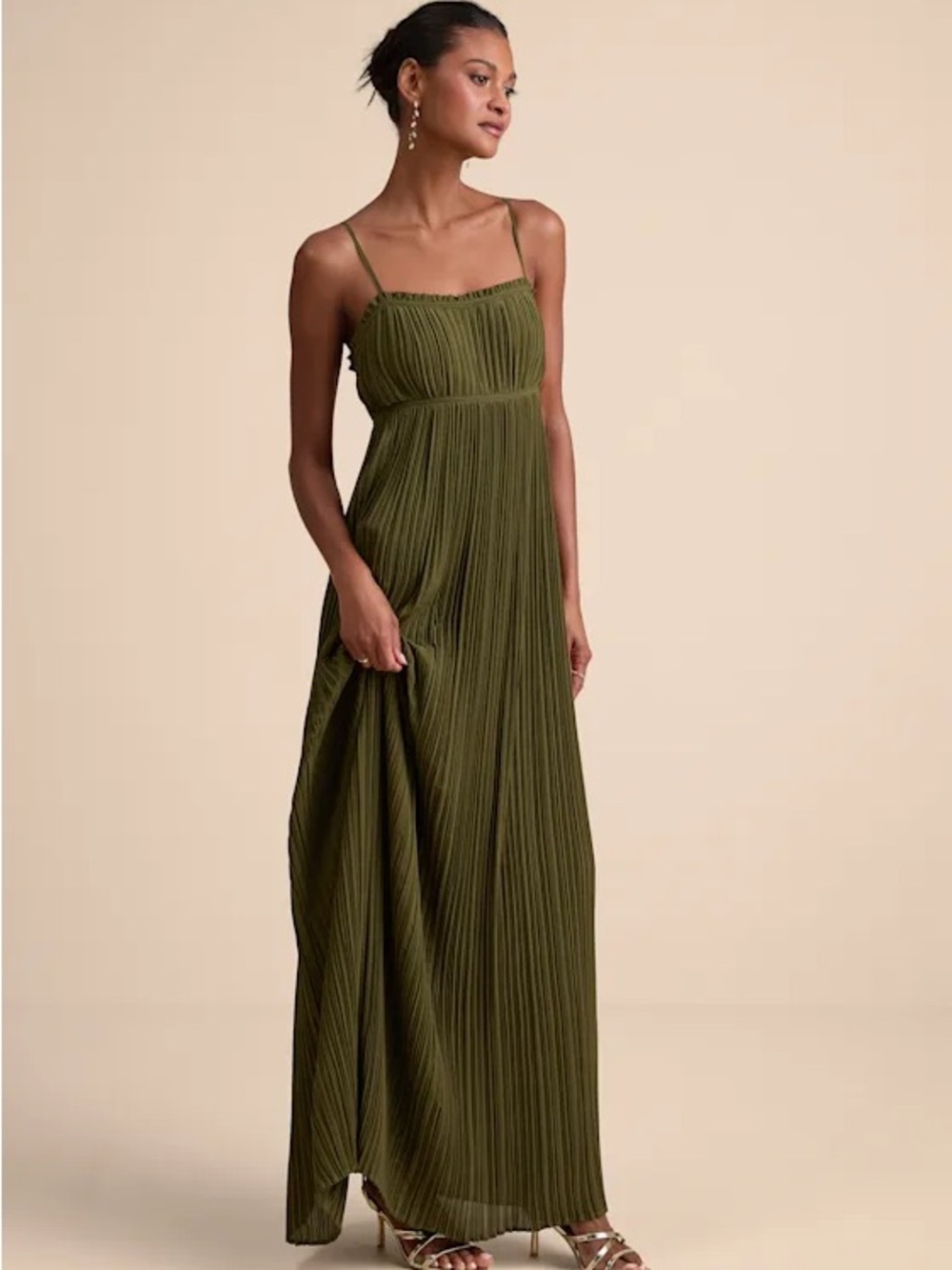 Delina olive plisse chiffon tie-back maxi dress